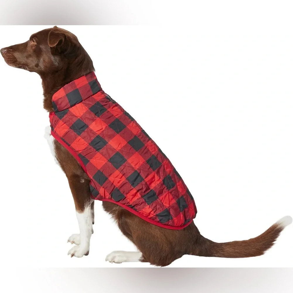 Frisco Lightweight Quilted Dog Jacket in red and black buffalo plaid L